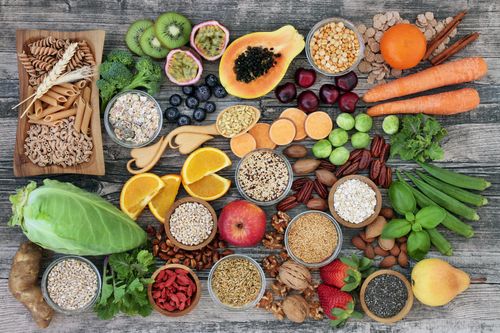 High fiber foods including whole grains, fruits and vegetables