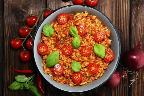 Tangy tomato rice with a twist of basil